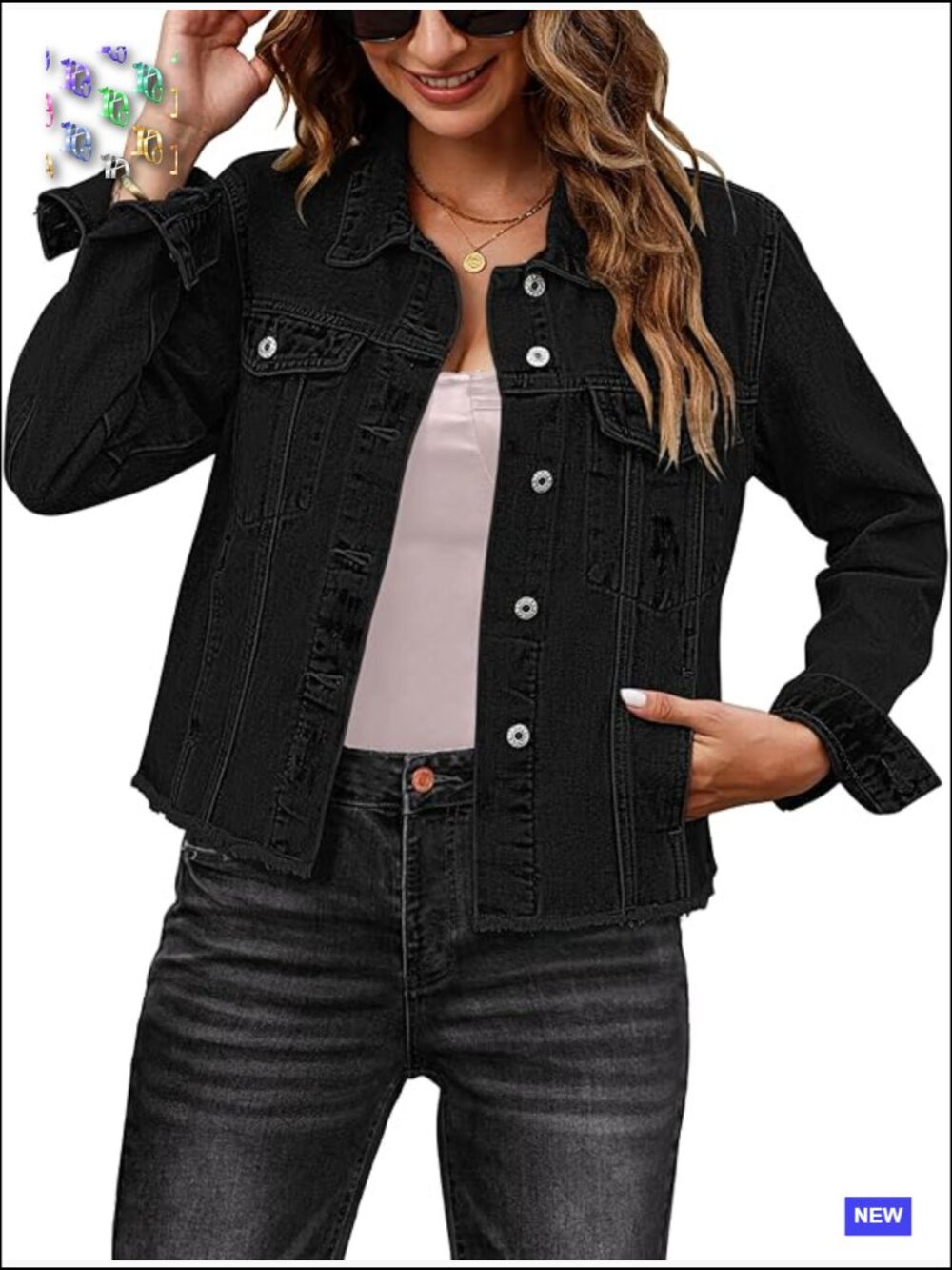 Distressed Denim Jacket Button Down Vintage Western Trucker Frayed Hem Pockets